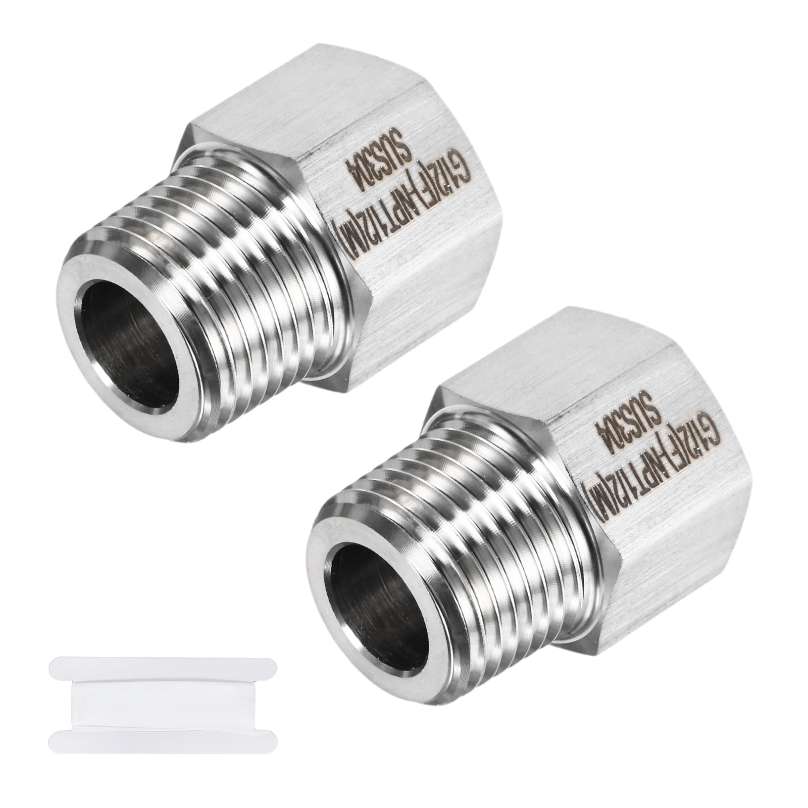 M METERXITY 2-Pack Garden Hose Adapter, Stainless Steel 1/2" g Female x 1/2" NPT Male Threaded Connector with Sealing Tape Garden Hose Convert Fitting for Pipe Fitting/Shower [Silver]