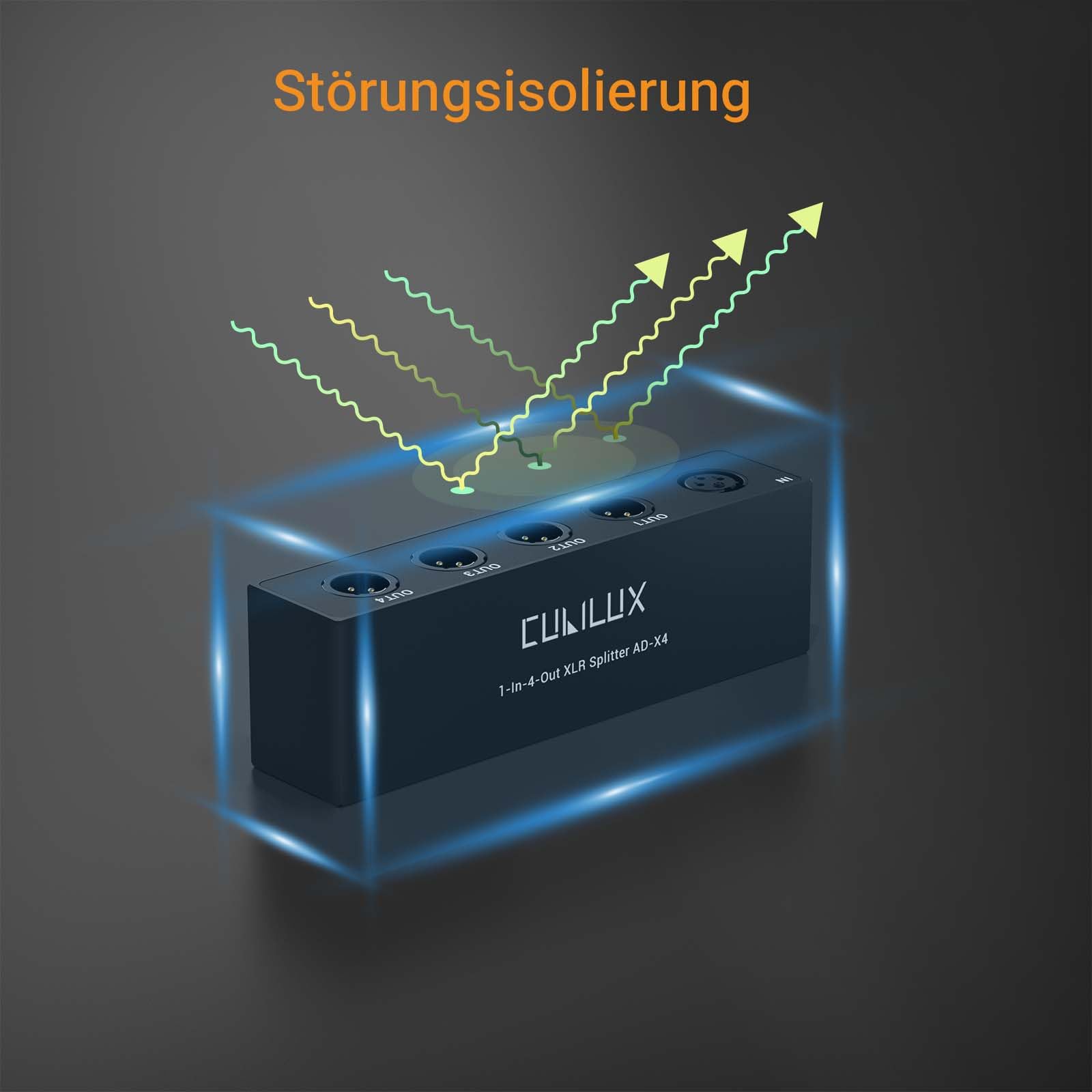 Cubilux 1 in 4 Out XLR Splitter, passiver 3 Pin Verteiler (1 Female auf 4 Male), symmetrischer Mono Distributor aus Aluminium
