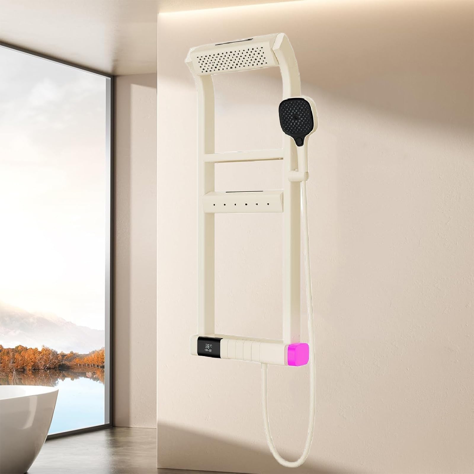 Sistema de ducha termostático, pantalla digital LED, modo de lluvia y mano de 6 pulverizaciones, construcción de cobre de alta gama para una experiencia de baño lujosa