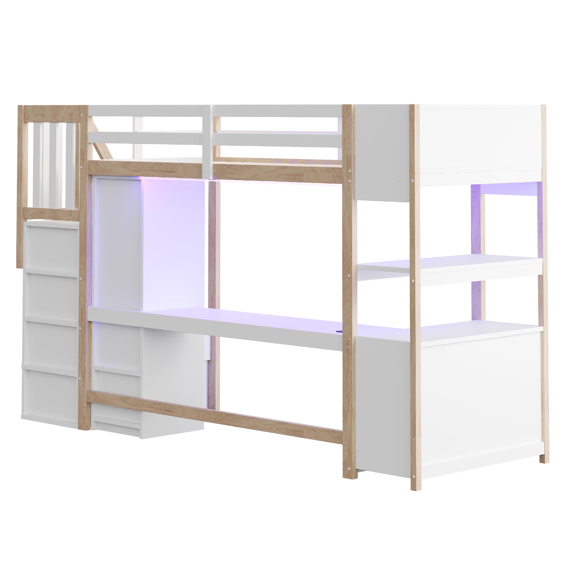 Moimhear Cama alta de madera, armario individual, escritorio grande, armario de almacenamiento, compartimento de almacenamiento, escaleras, barras de luz LED (blanco+natural)