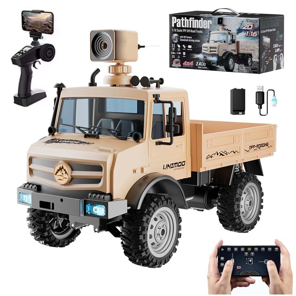 RC Military Truck, 1:16 Scale Remote Control Car with Camera, All Terrain RC Rock Crawler Off-Road RC Truck, 2.4GHz Army Transport Vehicle with Rechargeable Battery for Kids Adults, Beige