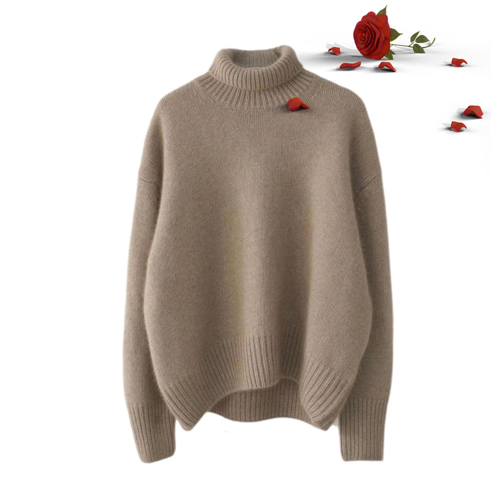 Cashmere High Neck Sweater Women's Oversized Cashmere Turtleneck Sweater, Warm Knitted Jumpers Ladies Cozy Soft Turtleneck Sweaters (Camel,L(50-55kg))