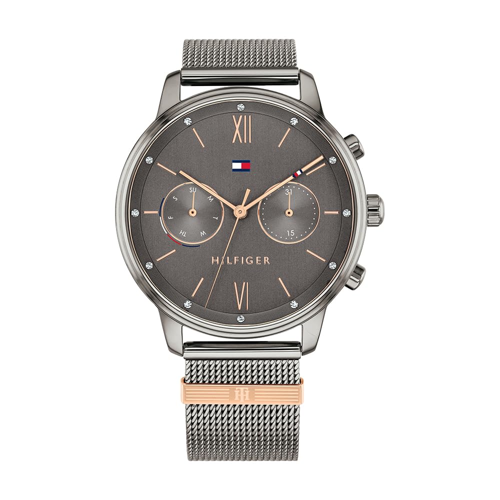Tommy Hilfiger Multi Zifferblatt Quarz Uhr für Damen mit Graues Edelstahl-Mesh-Gliederarmband - 1782304