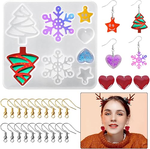 Koonafy Molde de resina de Navidad para arete, moldes de epoxi de silicona, molde de fundición de árbol de Navidad, molde de colgante de copo de