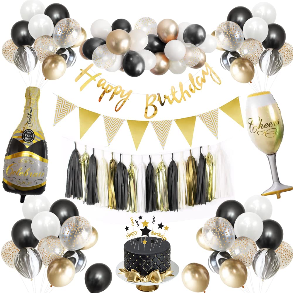 Vcumter Birthday Decoration for Men Women, Black Gold Birthday Party Balloons for Boy, Champagne Helium Balloons Decorations for Birthday Party, Wedding, Graduation, Anniversary Retirement