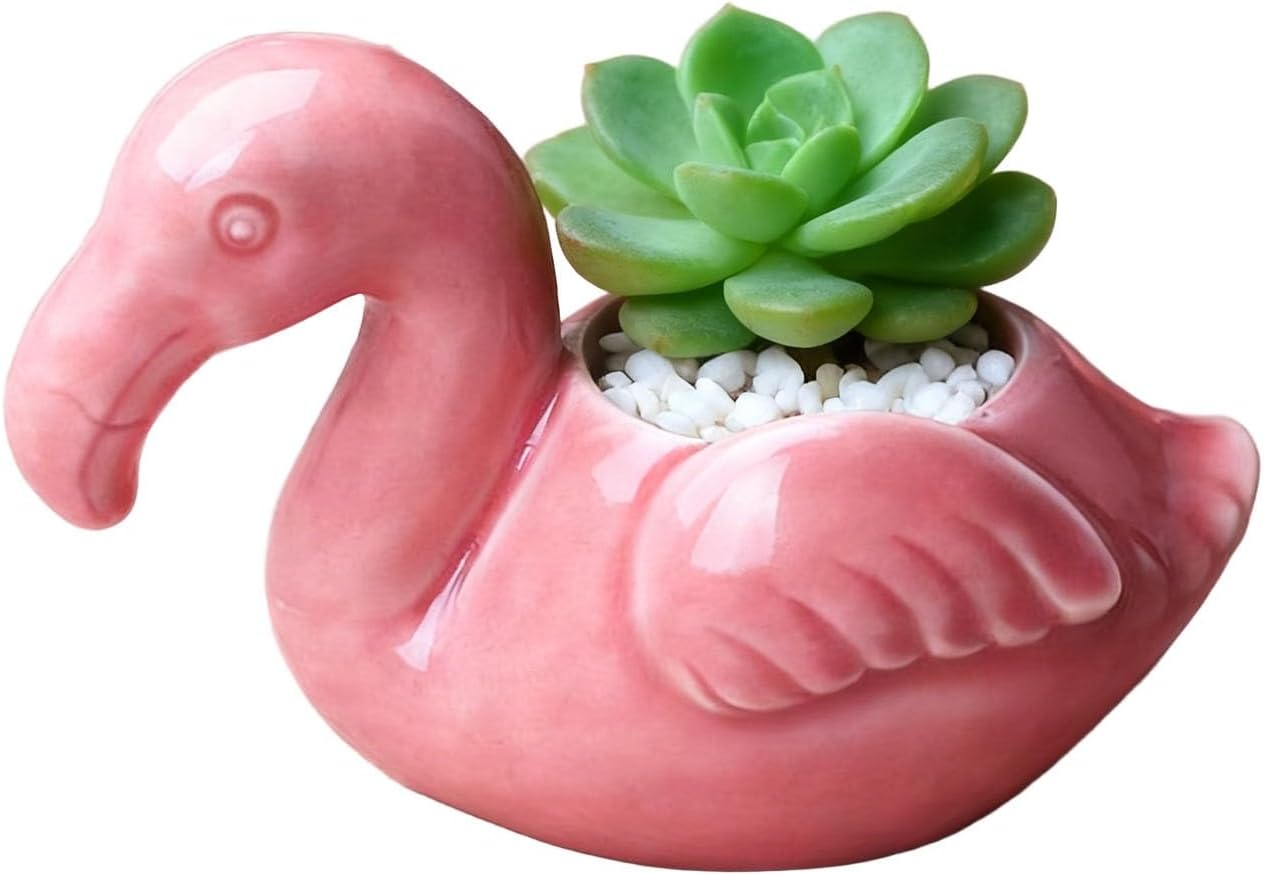 Cute Flamingo Planter Ceramic Succulent Pot with Drainage Hole, Small Flower Pot for Mini Cactus & Air Plants, Home Office Desk Decor, Unique Gift for Women & Plant Lovers