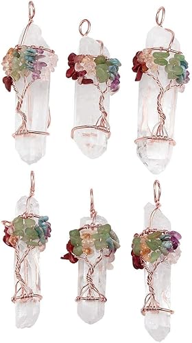 Miniatura 3 de Jovivi Paquete 2 artículos Collar de cuarzo transparente natural envuelto en alambre de árbol de la vida con piedras preciosas de chakras para