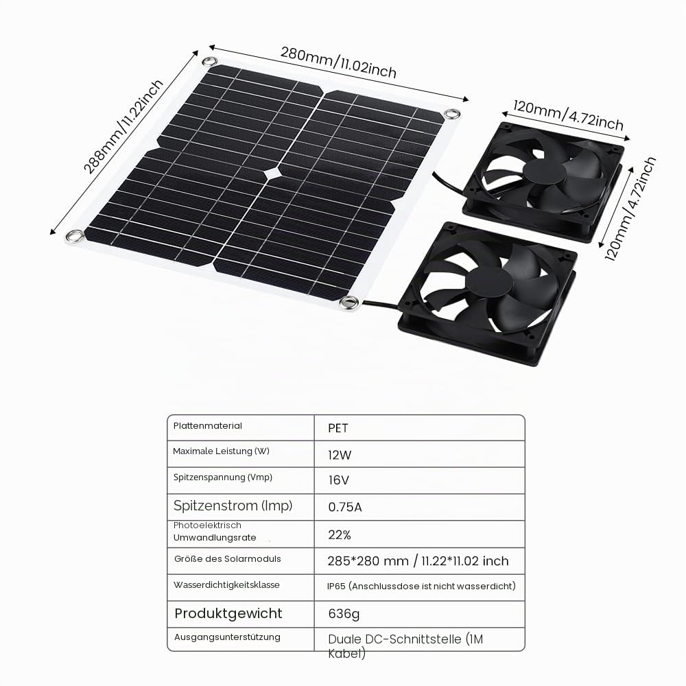 Solar Ventilator, 12W Solarpanel Ventilator, Wetterfest, mit DC Doppelventilator für kleine Hühnerställe, Gewächshäuser, Schuppen, Haustierhäuser, Fensterauspuff (Doppelventilator)