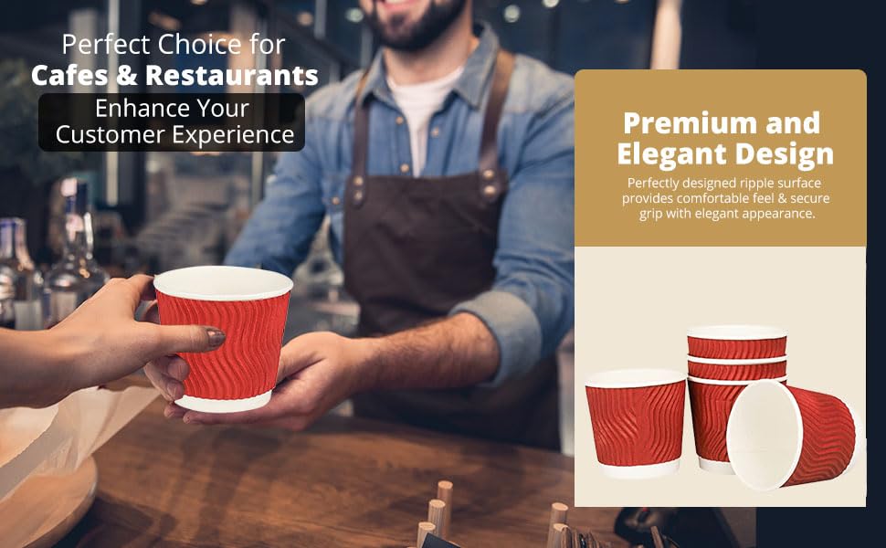 ekysa Basics Ripple Paper Disposable Tea/Coffee Cups - 150 ml, Triple Layer, Heat-Resistant, Eco-Friendly, for Hot Beverages, Red, Pack of 50 3