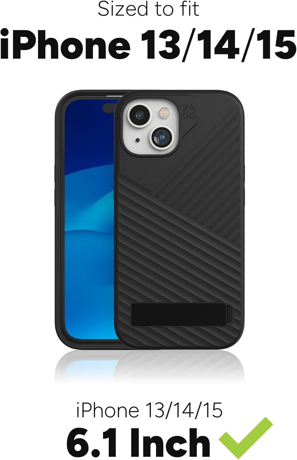 ZAGG Denali Snap Case for iPhone 15/14/13 with Kickstand - MagSafe Compatible, Dual Layer Protection, Graphene Fortified, 16ft Drop-Proof, Eco-Friendly Design, Textured Grip, Black