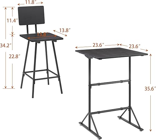 Miniatura 7 de VECELO Sillas de mesa de bar de 3 piezas, juego de comedor cuadrado de altura de mostrador con 2 taburetes de bar para cocina, rincón de desayuno,