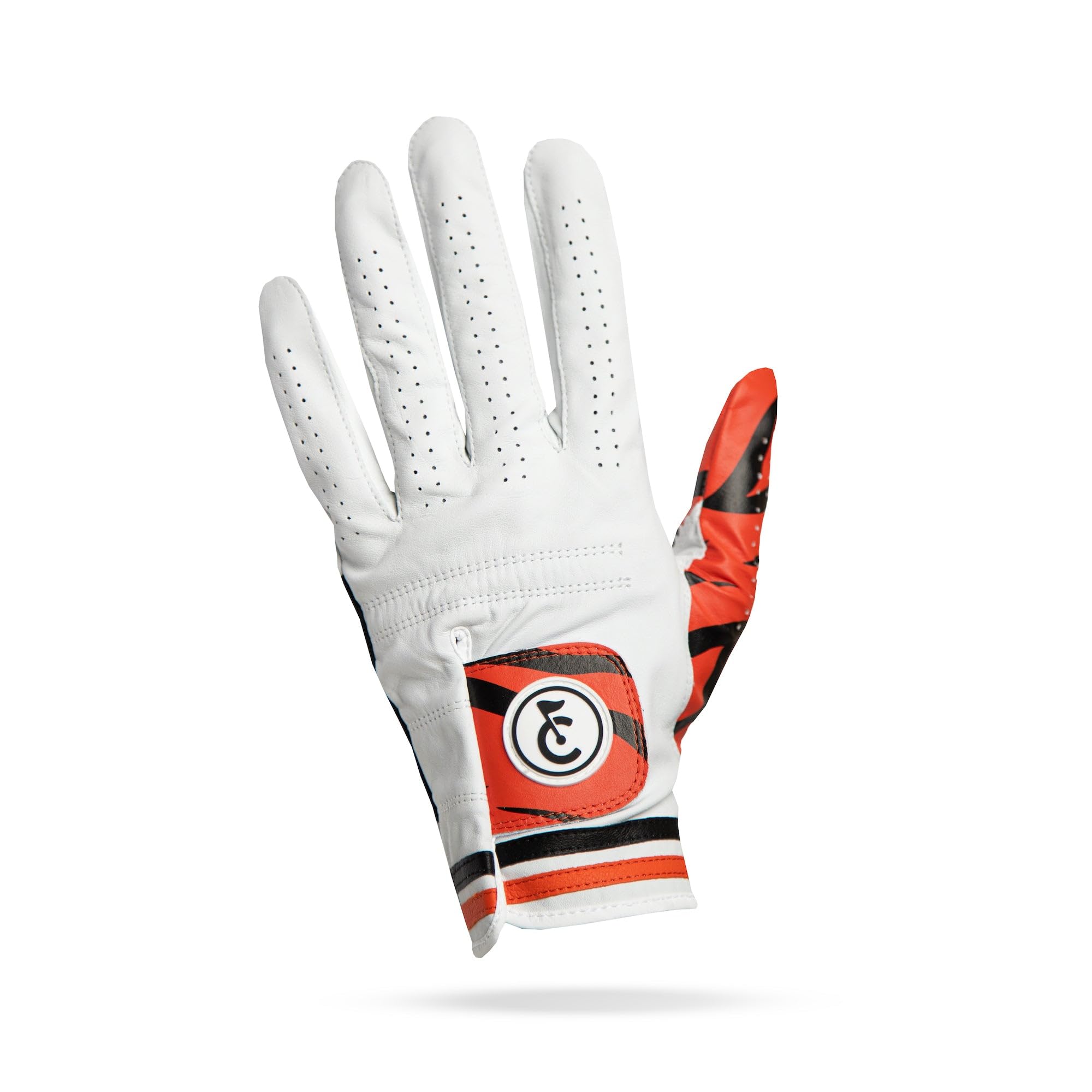 Premium Cabretta Leather Golf Glove with Supportive Palm Pad | Orange & Black Tiger Design (Men's Large, Left Hand)