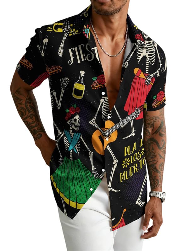 Chemise boutons col à revers et motif squelette pour hauts décontractés homme