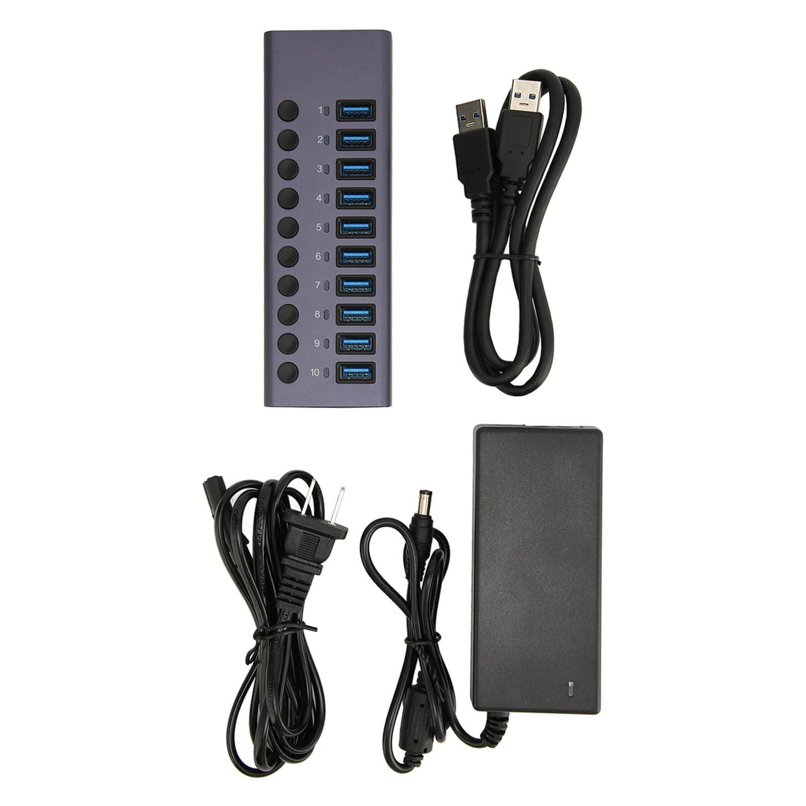 VBESTLIFE Powered USB Hub, 10 Ports Aluminium USB Port Hub Expender, USB C Hub Splitter mit Individuellem EIN-Aus-Schalter für Laptop, PC, HDD