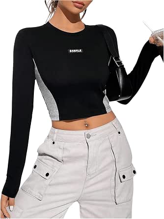 SweatyRocks Men's Colorblock Letter Graphic Long Sleeve T-Shirt - Y2K Loose Fit Crewneck Tee - View #5