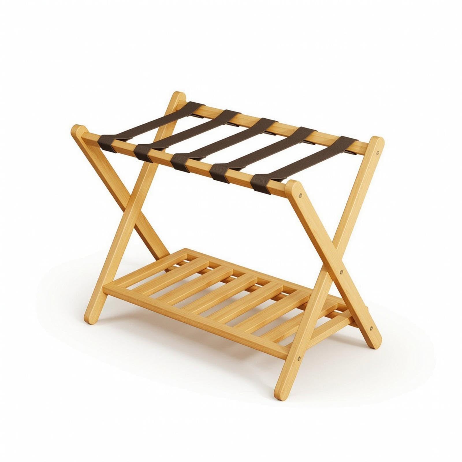 SNAPPSY Bamboo Luggage Rack with Shelf Foldable Luggage Rack with Storage Shelf Space-Saving 2-Tier Suitcase Holder for Guests, Guest Room, Hotel, Bedroom Natural-image-10