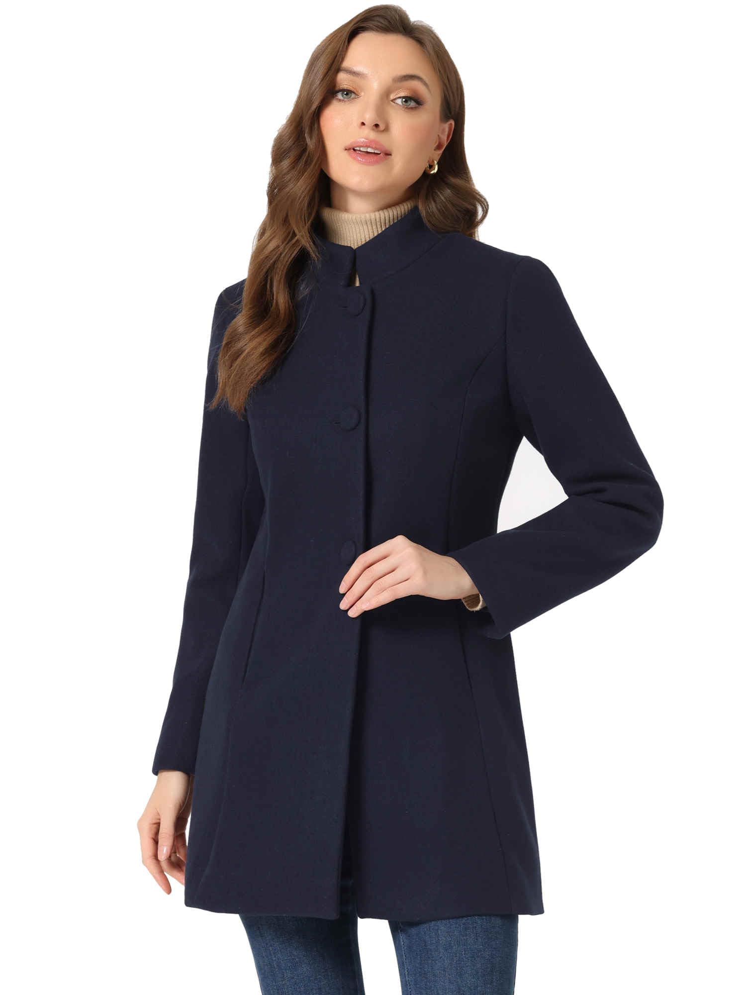 Photo 1 of Allegra K Women's Winter Overcoat Mid-Long Stand Collar Single Breasted Coat Outerwear X-Large Navy Blue