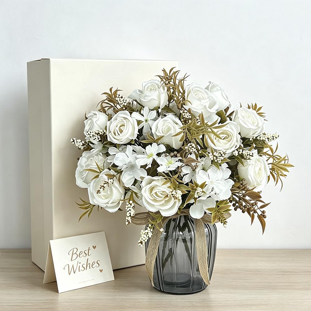 LESING Bouquet di rose finte con vaso di vetro, bianco