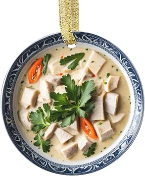 Food - Themed Christmas Xmas Ornament of a Tom KHA GAI Thailandi Soup Dish Cute Thai Cuisine Foodie Accessories Gifts Holiday Ornaments for Christmas Tree Flat Design - NOT 3D
