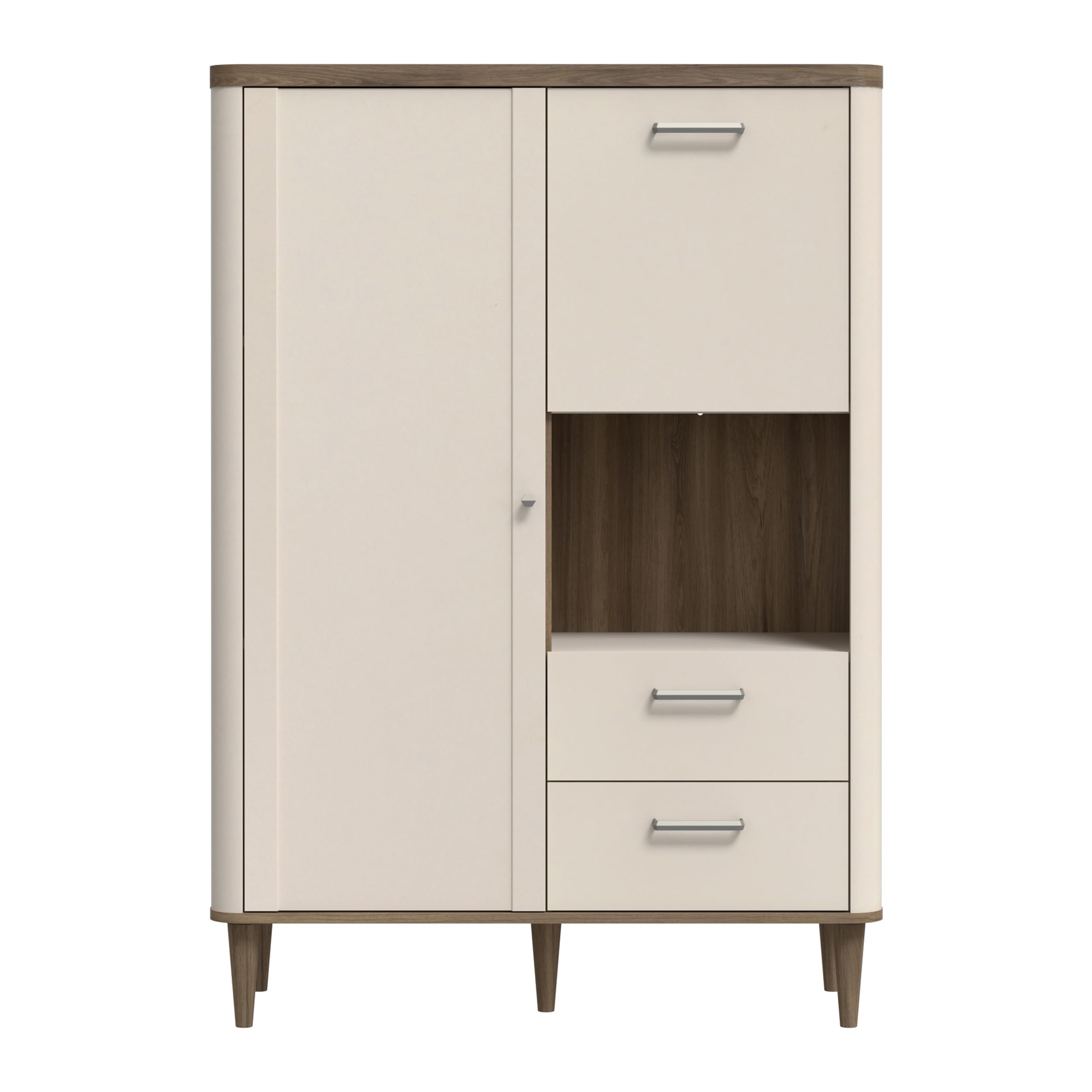 Forte LACETTI Schrank 100, modernes Highboard mit abgerundeten Ecken, Tür, Kippfach und 2 Schubladen, Kaschmir | Beige mit Valencia Eiche Holzdekor, 100,1 cm breit x 142,9 cm hoch x 41,2 cm tief