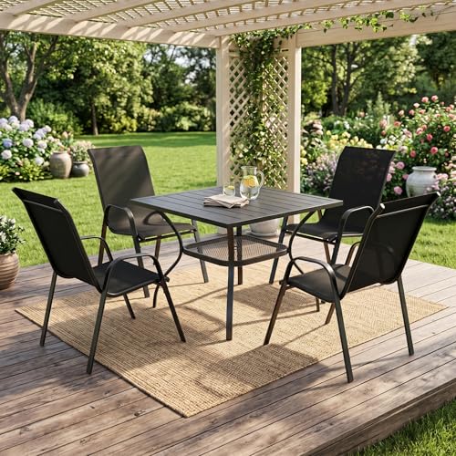 Image of VICLLAX Patio Dining Set for 4, All Weather 5-Piece Patio Set-37.8 inch Square Outdoor Table and 4 Stackable Chairs for Lawn Garden and Backyard,Black Tabletop