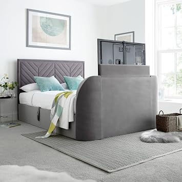 happybeds Sherlock Light Grey Velvet Ottoman TV Bed, 4ft6 Double, TV Lift