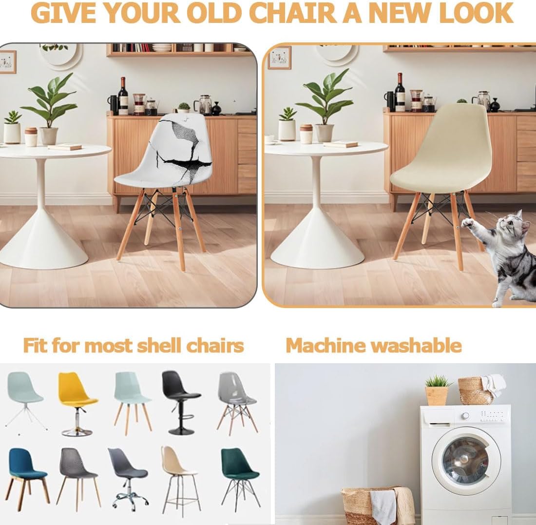 Shell Chair Covers Velvet Mid Century Modern Dining Chair Covers Stertch Dining Room Shell Side Chair Slipcovers Lounge Armless Chairs Covers for Kitchen Dining Room Set of 4 Beige