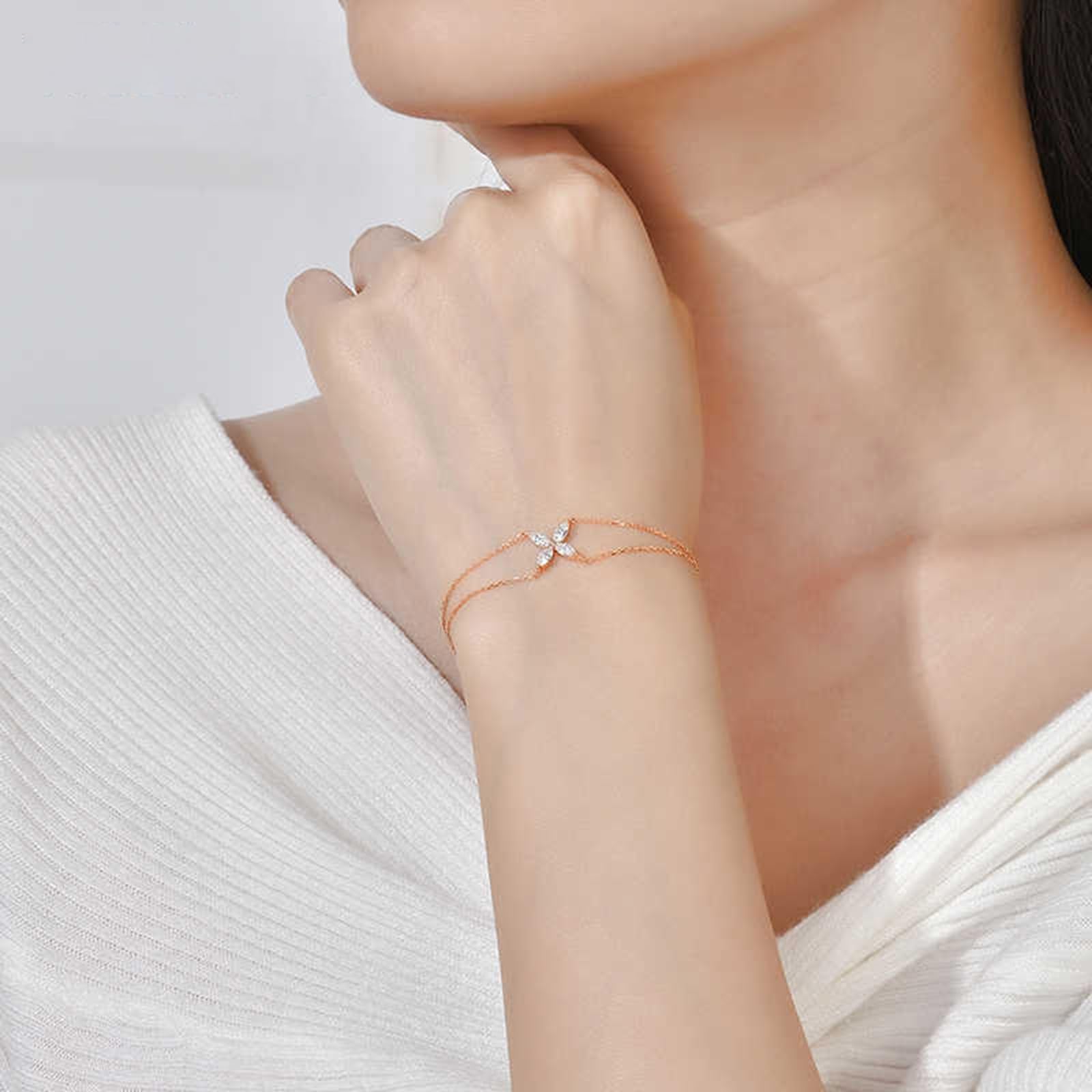 Pulseras de la amistad para adultos, trébol de oro rosa, diamantes de 0,38 quilates, pulseras de oro rosa de 14 quilates para mujer