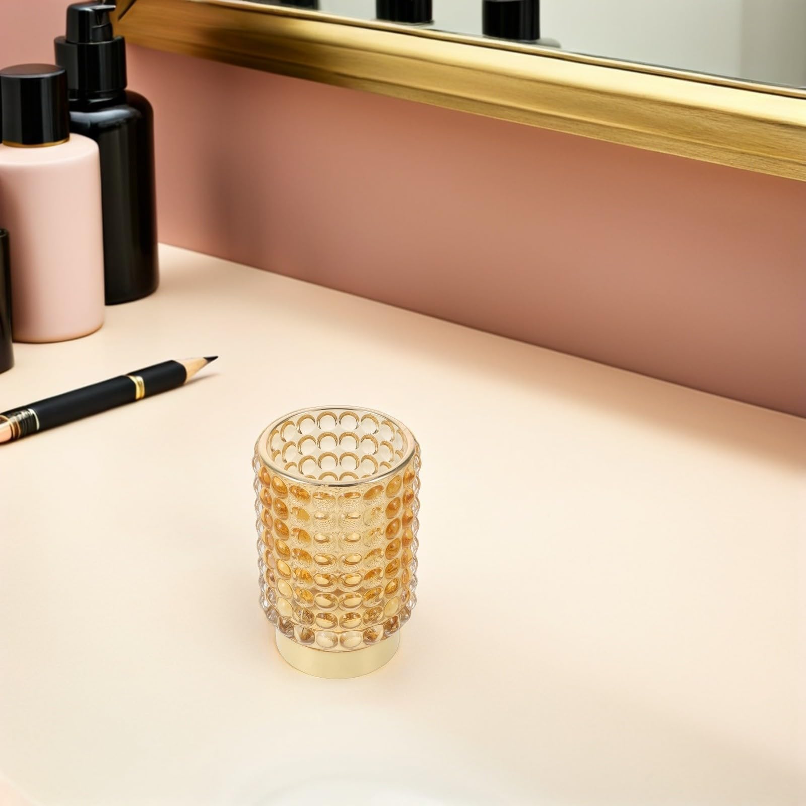 INOOMP Porta Pennelli da Trucco in Vetro Tondo con Perline, Contenitore Trasparente Raffinato per Organizzare Pennelli con Visibilità Chiara, per Area Trucco DIY