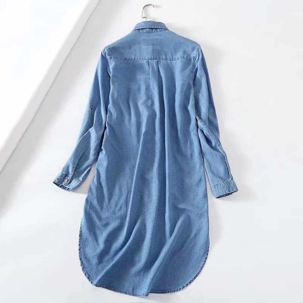 MIDJ Damen Bluse,Elegante Jeansbluse für Damen, Lange Hemdjacke, Hoher Niedriger Saum, Lange Ärmel, Lässige Blaue Jeanshemden, Brusttasche, Tunika, Blusen, Oberteile, Business-Hemd, Sweatshirt für M