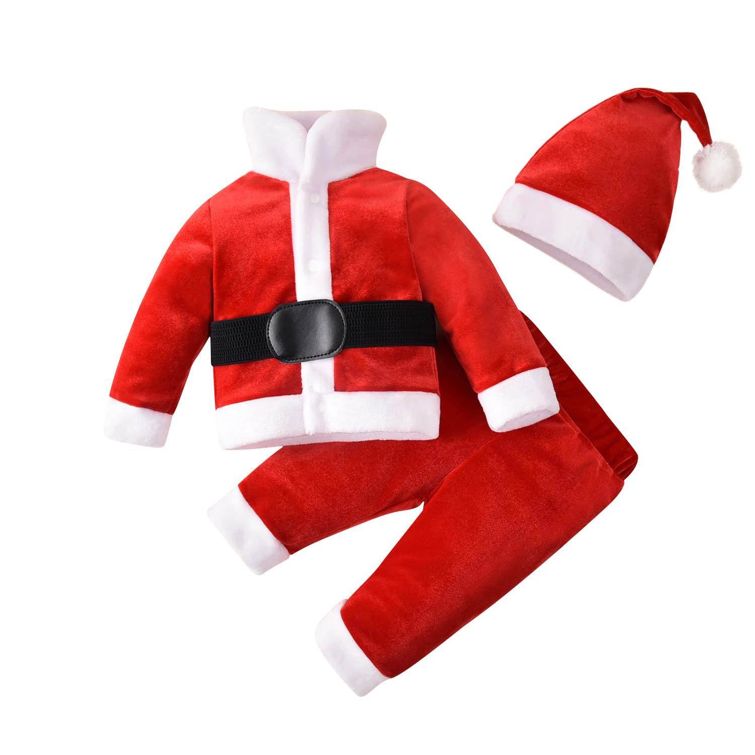 MINIFEIKO Baby Santa Outfit Christmas Outfits Neborn Boy & Girl 3 Piece Velvet Coat and Pant with Santa Hat, Christmas Red, 6-12 Months