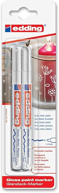 edding 751 gloss paint marker - white - pack of 2 paint markers - round nib 1-2 mm - paint pen for glass, pebbles, wood, plastic, paper - waterproof, high coverage