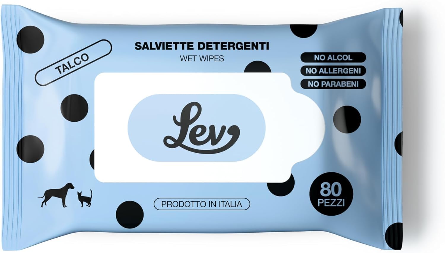Generico Lev Natural Code Salviette Detergenti Naturali Idratanti e Lenitive per Cani e Gatti con Talco 80pz, 6 Confezioni, 6x80pz, 480 Salviettine