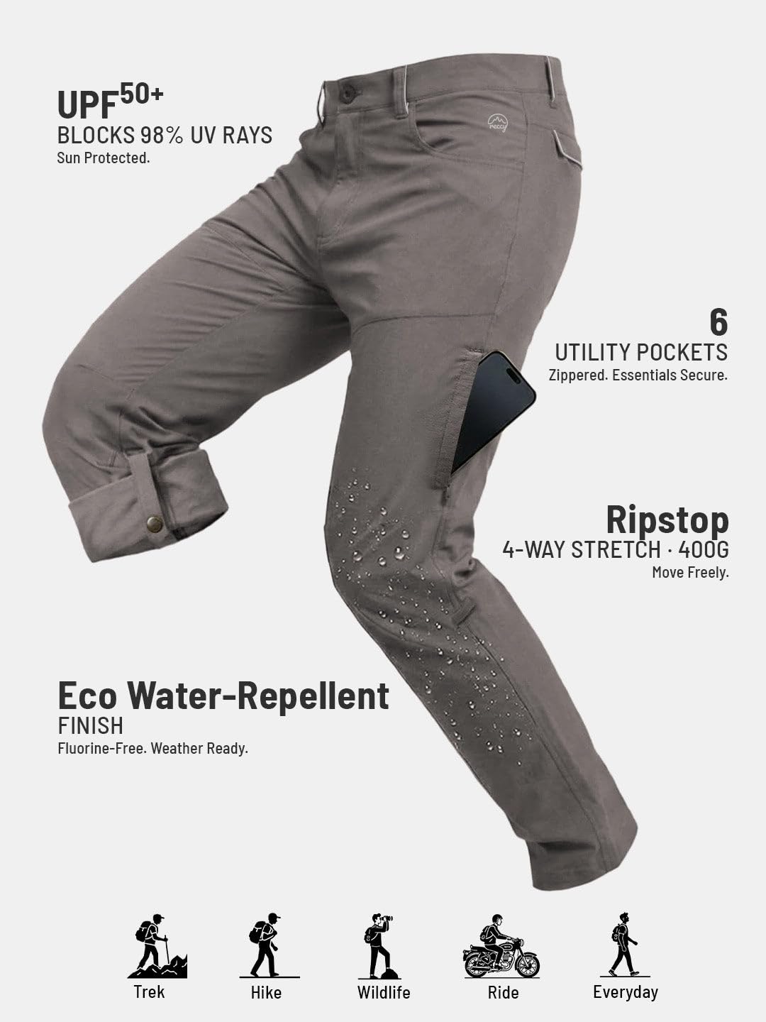 Reccy Men's Trekking Hiking Regular Fit All Weather Sun Protected Versatile Nomadic Pants (in, Alpha, M, Regular, Light Gray)