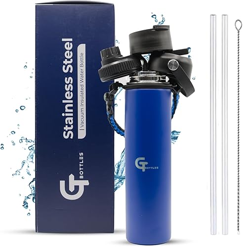 Miniatura 21 de Botella de agua de boca ancha aislada al vacío de acero inoxidable de 25 onzas con 3 tapas y mango de paracaídas para bebidas calientes y frías