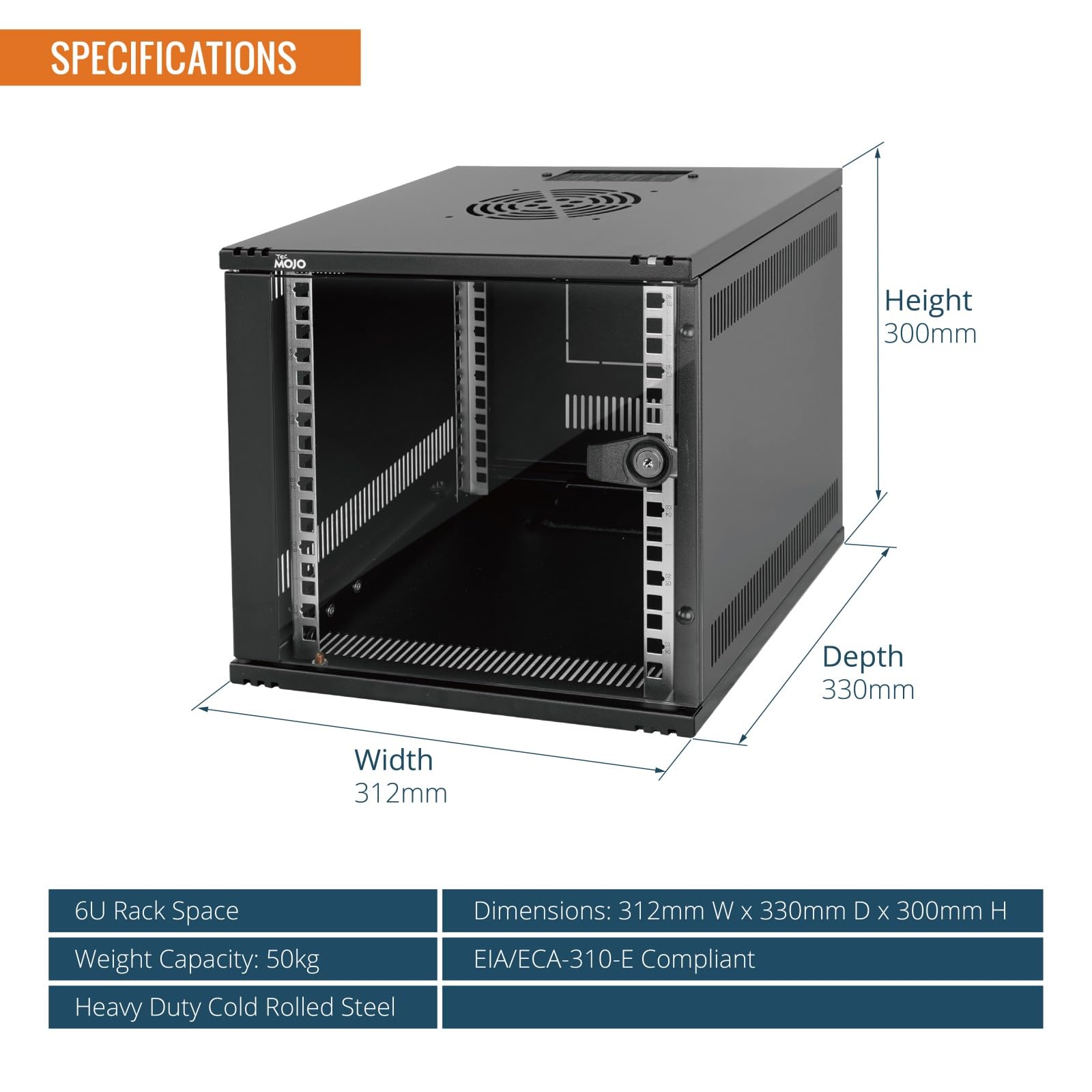Tecmojo Armadio di Rete 10 Pollici 6U Montaggio a Parete Profondità 330mm Ripiano Rack Griglie Spazzole Portata 50kg Nero Porta Vetro