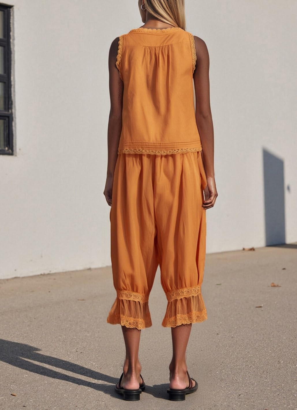 Aonoapll Women Y2k Lace Trim 2 Piece Pajama Set Tie Front Button Tank Top and Long Bloomer Pants Pj Set Loungewear - Image 4