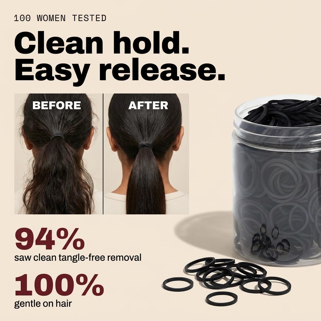 Multibrite Small Black Elastic Hair Ties, Soft Cotton Stretchable Rubber Bands, Non-Slip For Medium, Thick & Thin Hair, Pain-Free, Hair Styling Accessories, Ponytail, Scrunchy, For Women (Pack of 125) 2