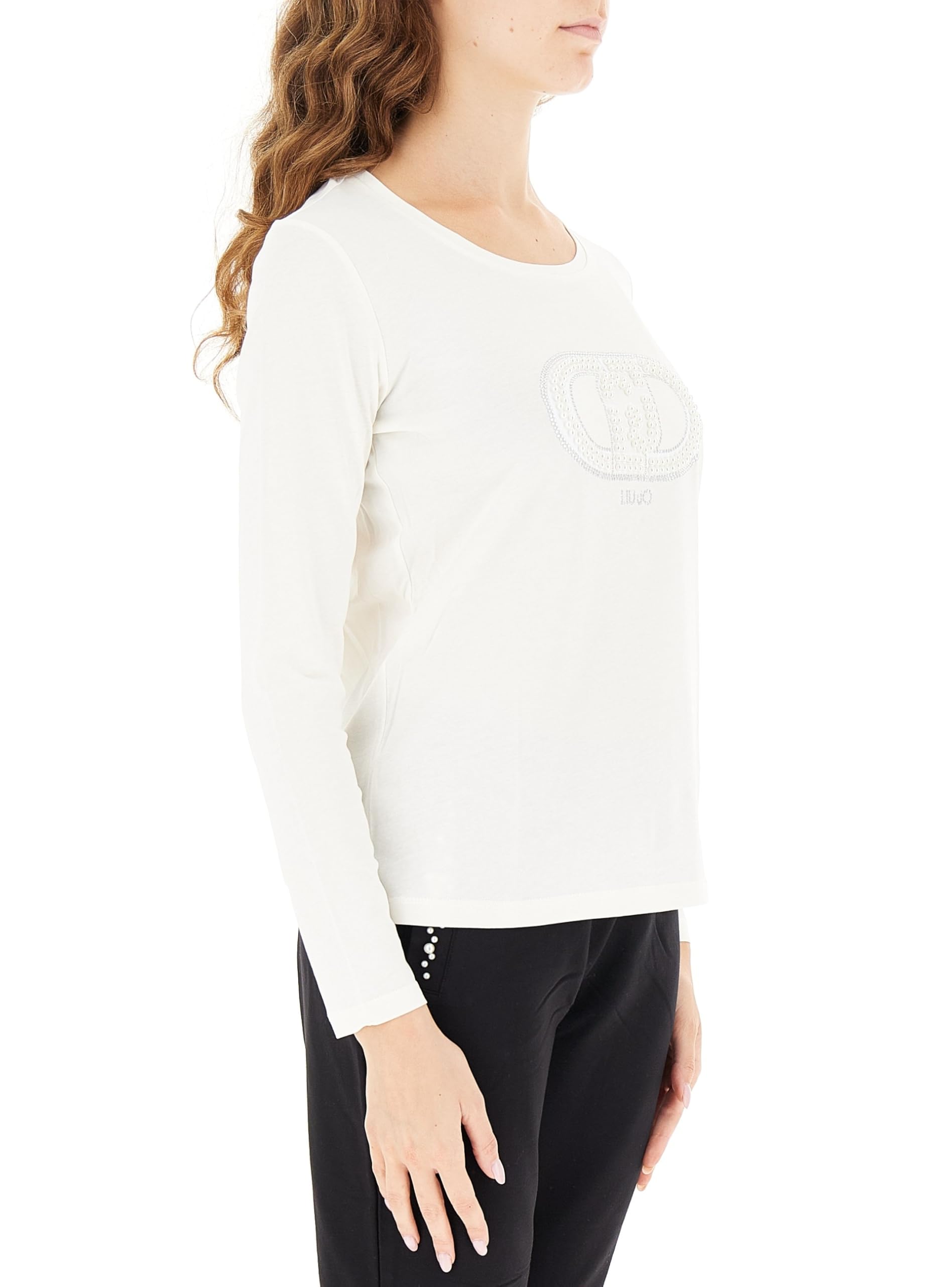 Liu Jo T-Shirt Manica Lunga in Cotone con Logo/Perle TF5299