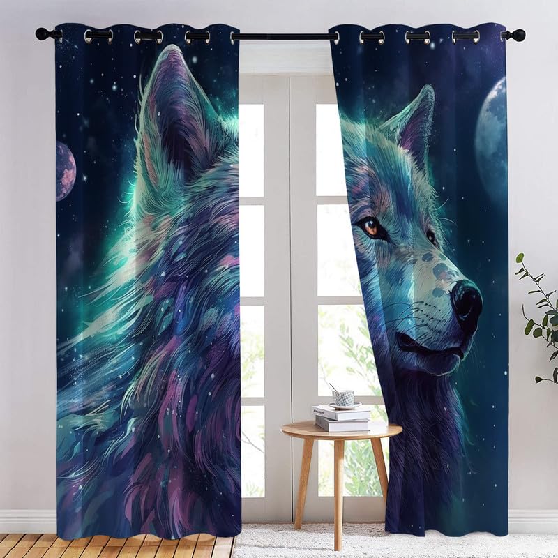 Rideau Occultant Loup, Motif Rideaux Thermiques à Oeillets, Rideaux Imprimé pour Salon Chambre Fenetre Moderne Décoration, 140x240 cm (L x H), Lot de 2