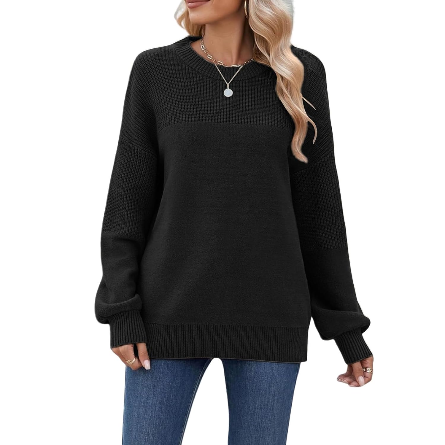 Oversize Crew Neck Drop Shoulder Casual Womens Tops Knit Solid Color Pullover Sweater Fall Winter Fashion Clothing
