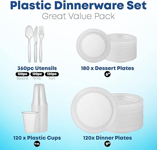 Miniatura 2 de Framo- Juego de vajilla transparente desechable de 780 piezas para 120 invitados, juego de vajilla de plástico para microondas, 120 platos de 9