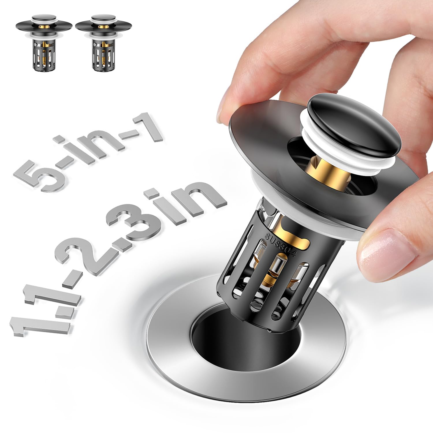 Photo 1 of (2 Pc) Bathroom Sink Stopper-All Metal Sink Stopper-Universal Fit 99% Bathroom Stopper with Removable Stainless Steel Hair Catcher- Basin (1.1'' to 2.36'' inch) - Black