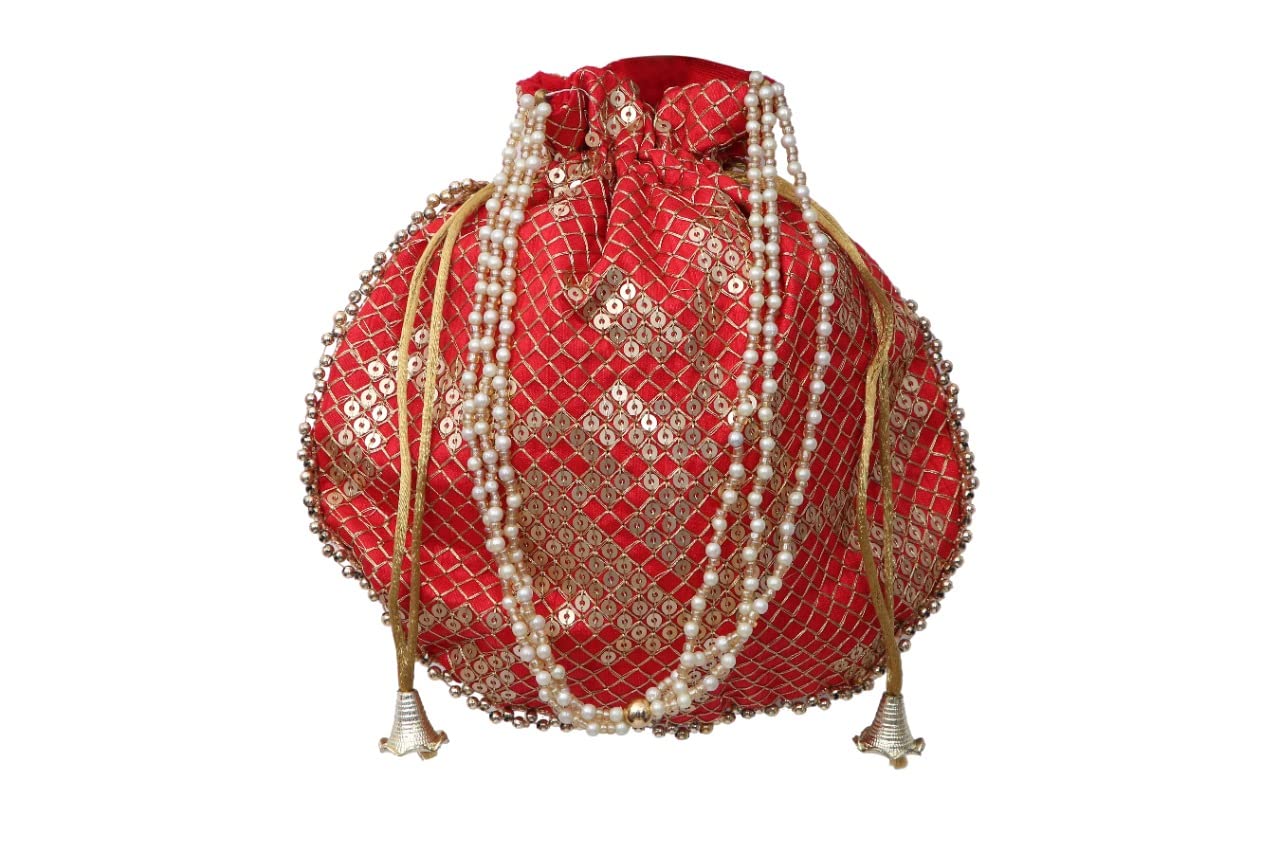 4EVER Potli Bags wedding potli for ladies Diwali Gift for women handbags traditional Indian Wristlet with Drawstring Ethnic Embroidery Women Fashion Potli (RED) (B09GKV8DW8) Amazon Price History, Amazon Price Tracker