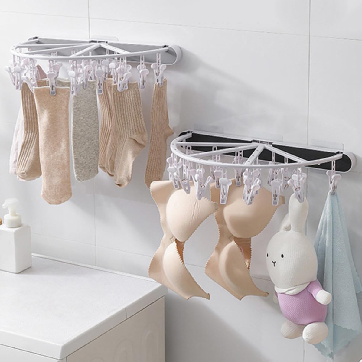 Abaodam Foldable Plastic Clip Dry Rack for Socks and Shoelaces, Round Hanging Drying Rack with Windproof Clips, Sturdy Abs and Pp Material, for Home Drying