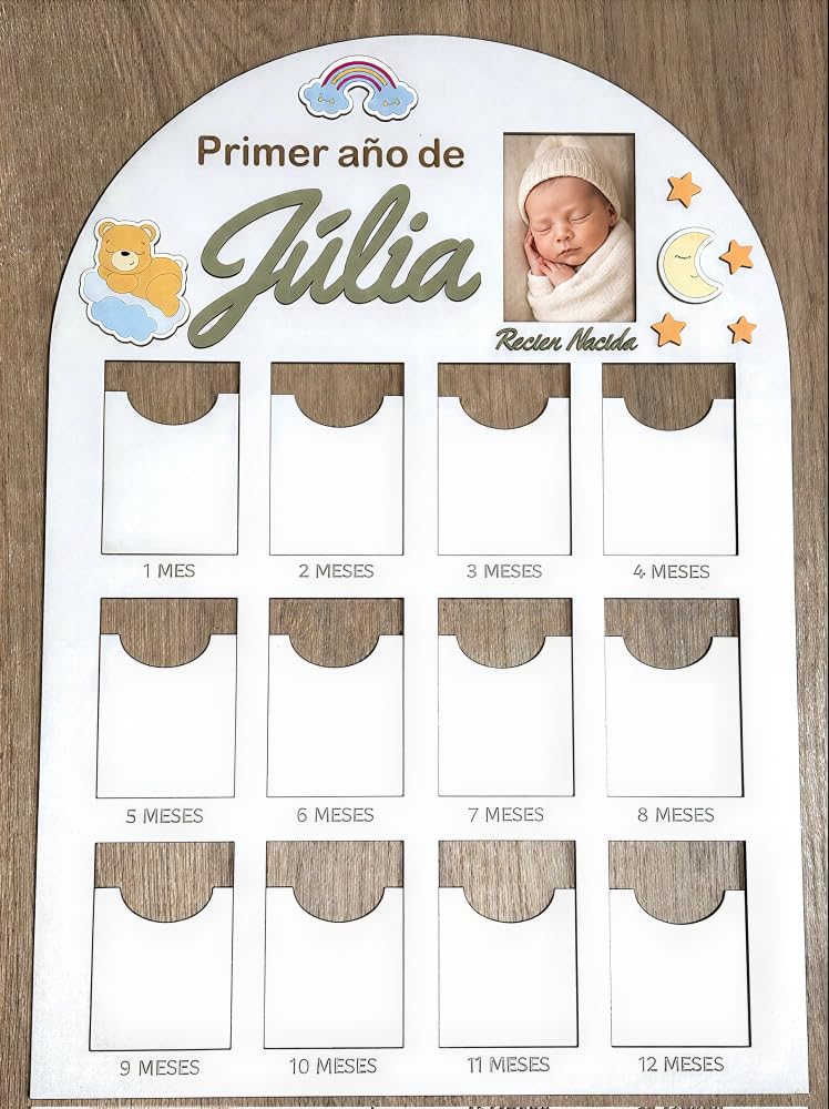 Genérico Cuadro Primer Año Bebé Personalizado con Nombre - Marco de Fotos de Madera Recién Nacido - Regalo Bautizo Original, Nacimiento y Baby Shower - Recuerdos 12 Meses Hecho a Mano