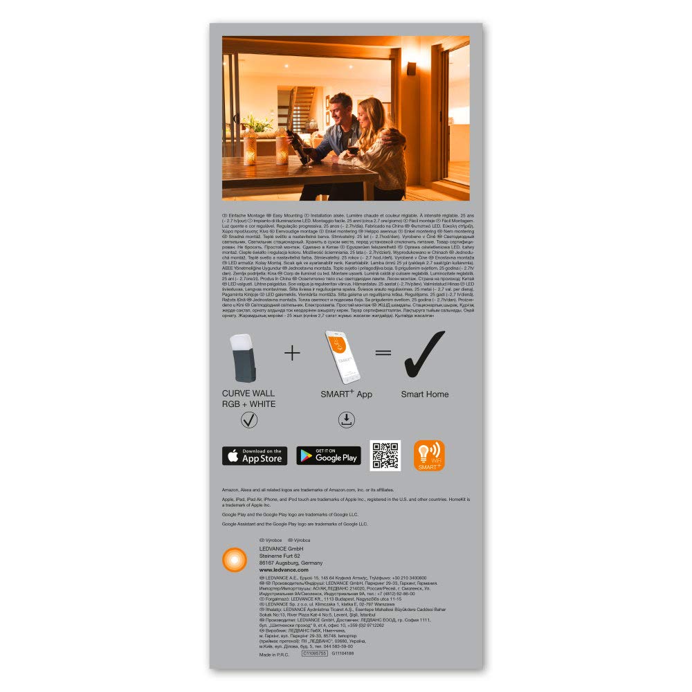 LEDVANCE Lampada da esterno a LED intelligente per parete con tecnologia WiFi, luce per esterno, colori RGB modificabili, scuro gr. Alluminio, compatibile con Google e Alexa, SMART+ WIFI CURVE WALL