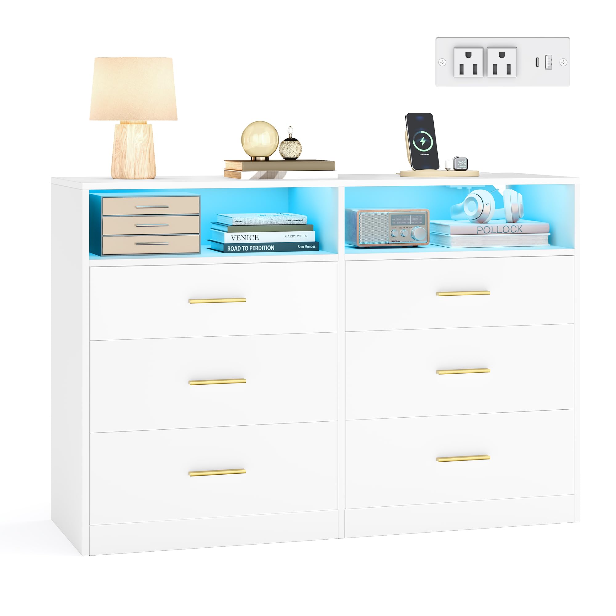 vasagle custos collection - dresser for bedroom, with led lights and power strip, chest of drawers, modern, tv stand for living room, 6 drawers, 15.8 x 46.9 x 32 inches, cloud white ults316wb01s