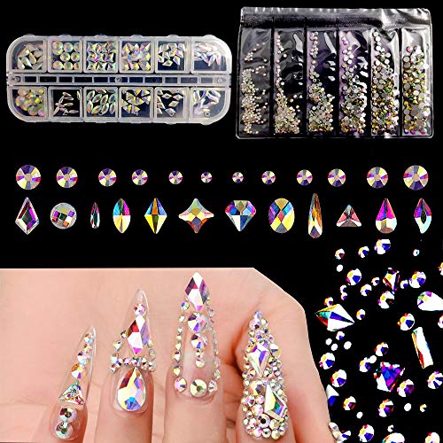 AB Crystal Rhinestones Set About 1480, Rhinestones Nail Art Set?Nail Gems Iridescent Clear Class Multi-Shape Flat Back Shiny Nail Jewels for Nail Art DIY Crafts.