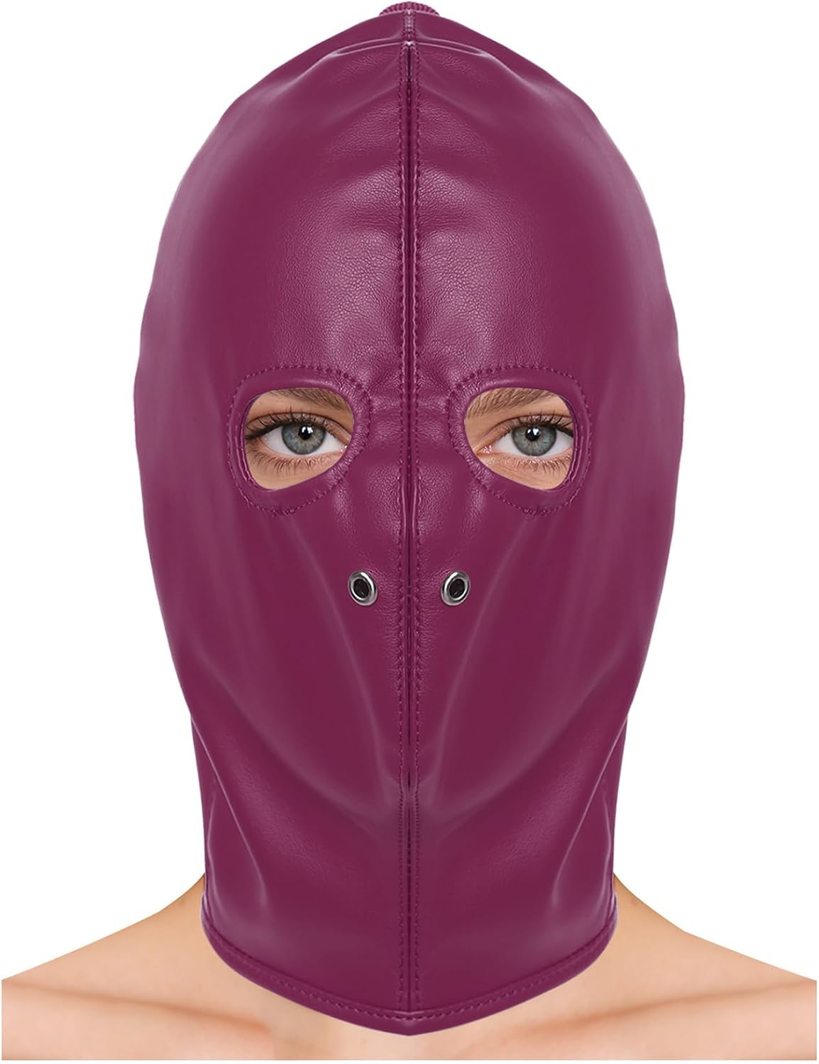 Women Hollow Out Expose Eyes Mouth Hat Faux Leather Riding Hood Headgear with Drawstring